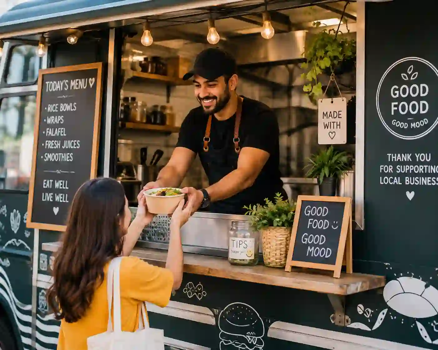 Small food truck serving customers, representing a food and beverage business idea