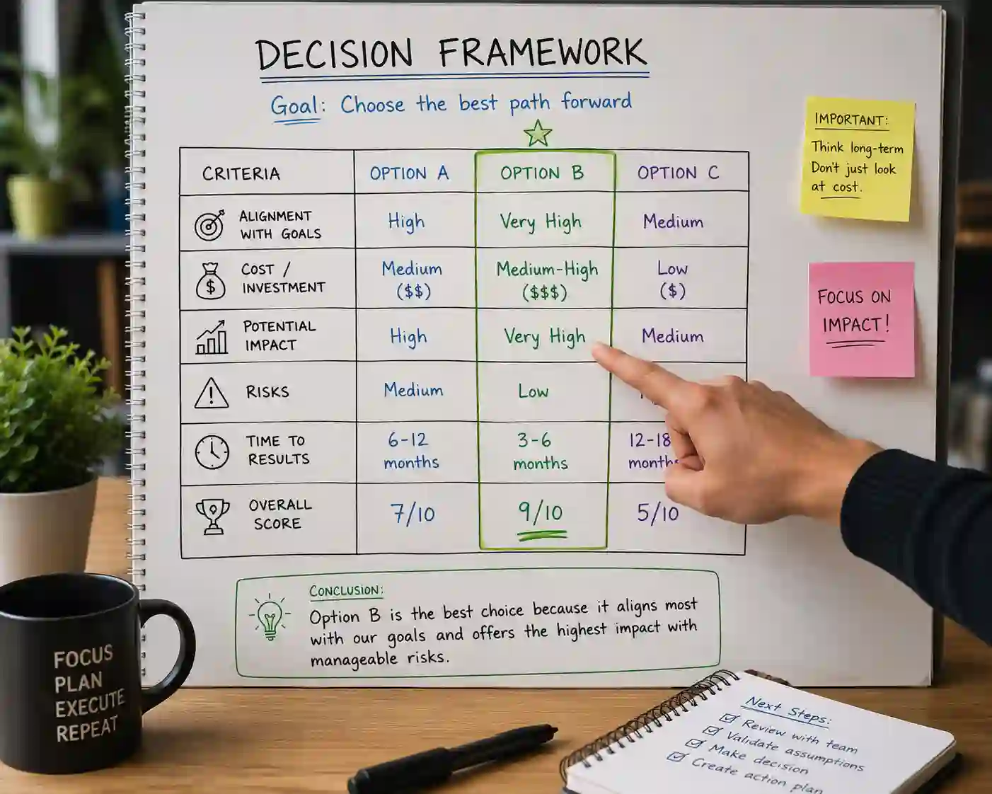 Entrepreneur comparing business idea options on a whiteboard with pros and cons