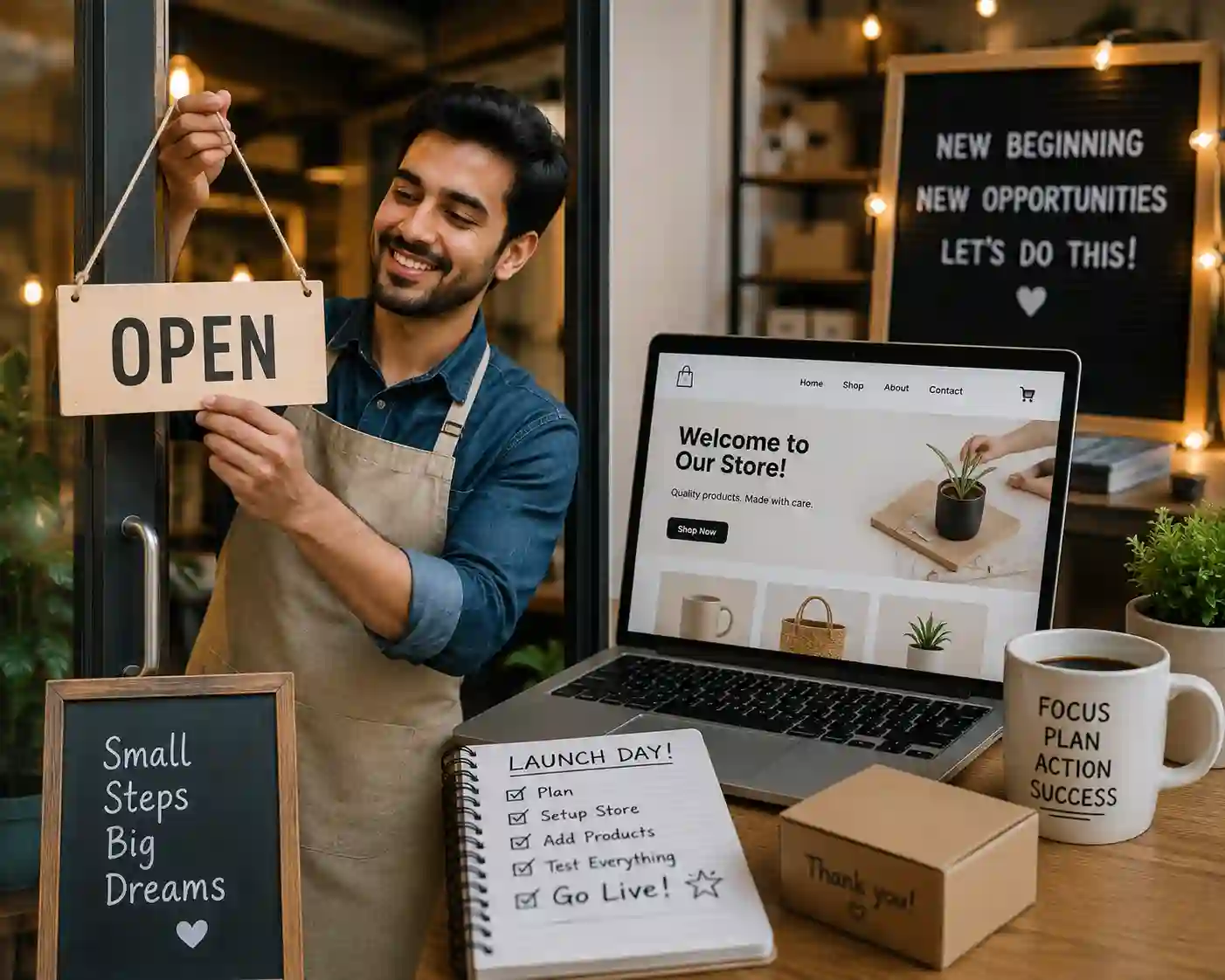 New small business owner opening their shop for the first time